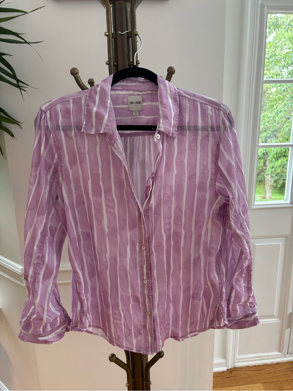 NIC+ZOE Lavender and White Striped Button-Down Shirt